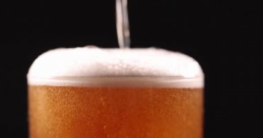 Beyaz köpüklü bira cam kadehe dökülüyor. Yakın çekim 4K film yavaş çekim.