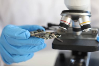 Eldivendeki mühendis mikroskobun arka planında mikro devre tutuyor