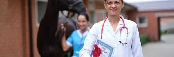 Mulher médico veterinário segurando certificado médico no fundo do cavalo — Fotografia de Stock