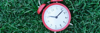 Yeşil çimlerin üzerinde duran klasik kırmızı alarm saati.