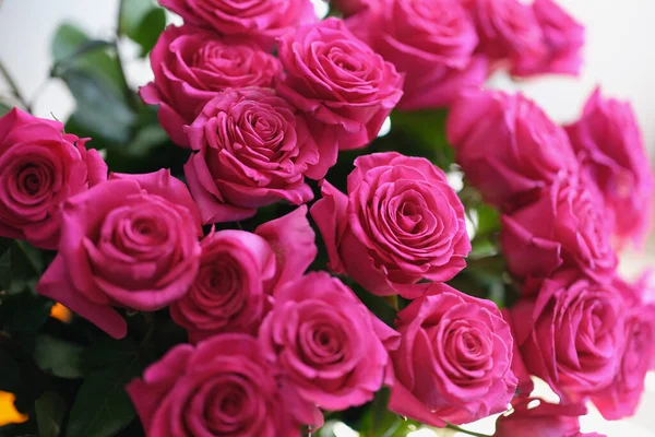 Gyönyörű, friss virágzó csokor rózsaszín rózsából, zöld levelekkel — Stock Fotó
