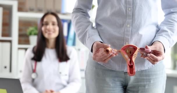 Woman holding artificial model of uterus and ovaries against background of gynecologist doctor 4k movie slow motion — Stock Video