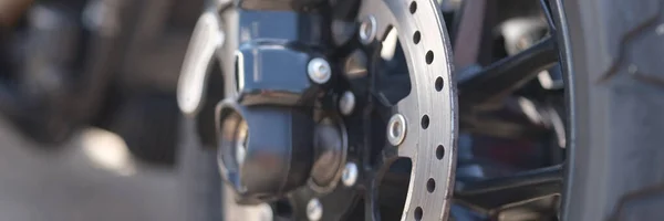Closeup of metal brake disc on motorcycle wheel — Stock Photo, Image