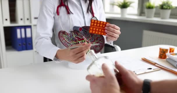 Médico mostrando modelo artificial de fígado e pílulas para paciente com garrafa de álcool filme 4k câmera lenta — Vídeo de Stock