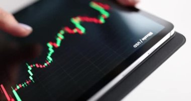 El ele tutuşma tableti. Borsa grafiği. Yavaş çekim. 4K film.