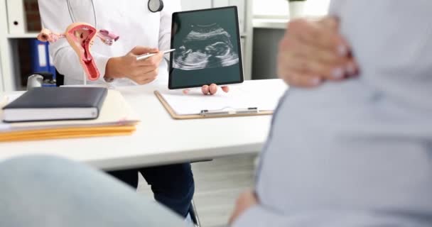 婦人科医は、予約時に妊娠中の女性に子供の超音波スキャンの結果を示しています — ストック動画