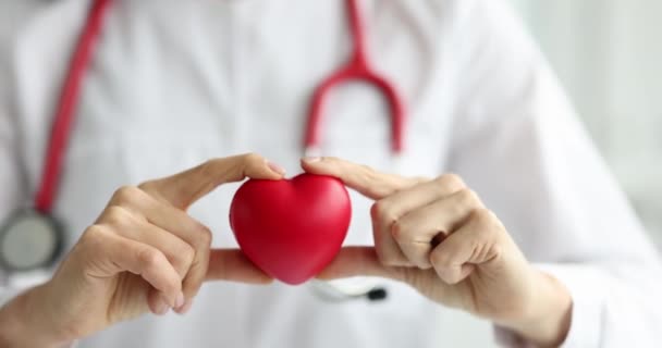 Kardiolog trzyma małe czerwone serce zwolniony film 4k — Wideo stockowe