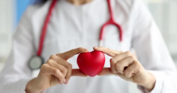 Arzt Kardiologe hält rotes Spielzeugherz in Klinik-Nahaufnahme 4k Film Zeitlupe — Stockvideo