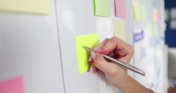 Manager schreibt Plan auf Whiteboard auf Aufkleber Zeitlupe 4k Film — Stockvideo