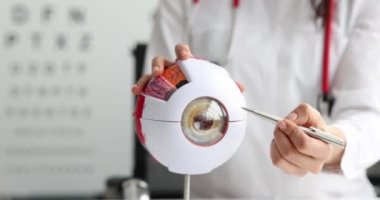 Oftalmolog doktor görüş masası 4k filminde arka planda göz yapısı gösteriyor.