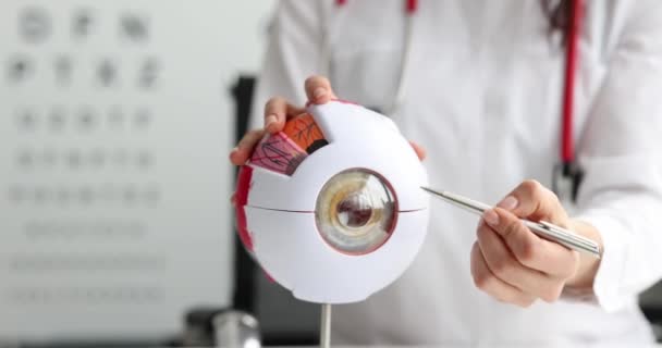 Врач-офтальмолог показывает структуру глаза на фоне стола осмотра зрения 4k фильма — стоковое видео