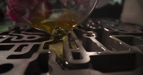 Olej se nalije do tělesa ventilu s automatickou převodovkou — Stock video