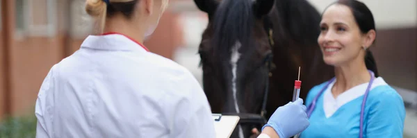 Medico veterinario che dà provetta per infermiere di prendere tampone dal naso del cavallo — Foto Stock