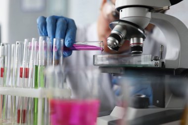 Kadın bilim adamı laboratuarda mikroskop altında cam kabın üzerine pembe numune sıvısı döküyor.