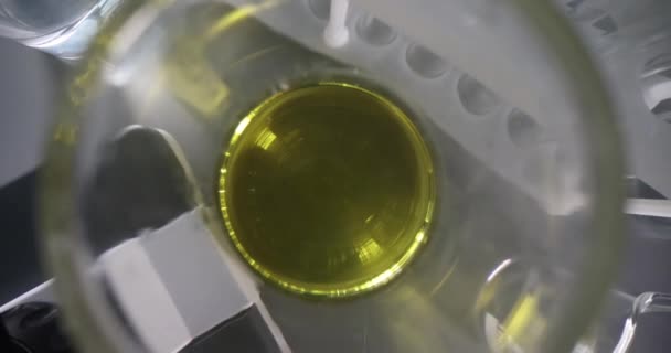 Tubo de ensaio laboratorial com líquido oleoso amarelo — Vídeo de Stock