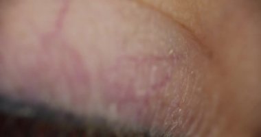 Gri yeşil gözbebeği olan kadın gözü. Ağır çekim. 4K film.