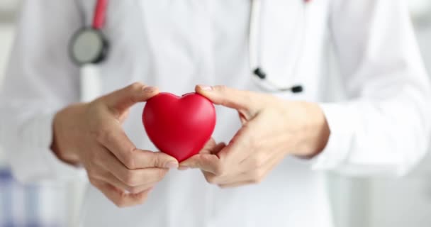Lekarz trzyma małe czerwone serce zwolniony film 4k — Wideo stockowe