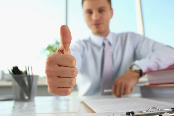 Businessman makes thumbs up gesture closeup. Successful career — Zdjęcie stockowe