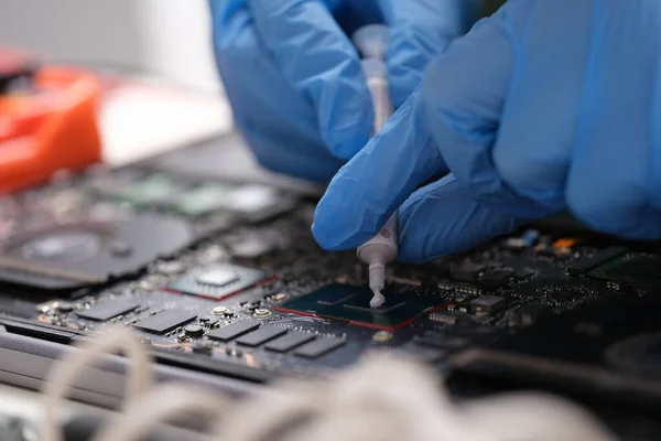 Hands in blue gloves hold microchip thermal paste — 图库照片