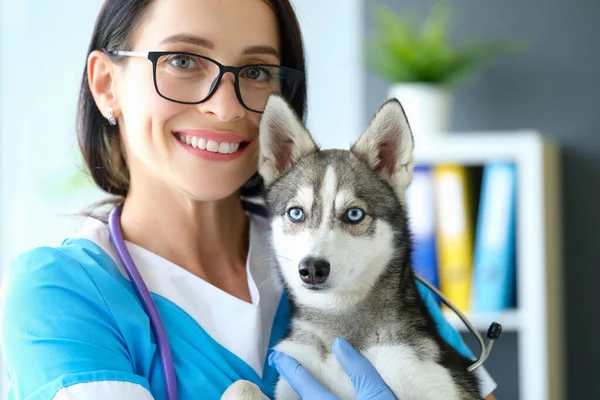 Smiling veterinário fêmea segurando cão em seus braços na clínica — Fotografia de Stock