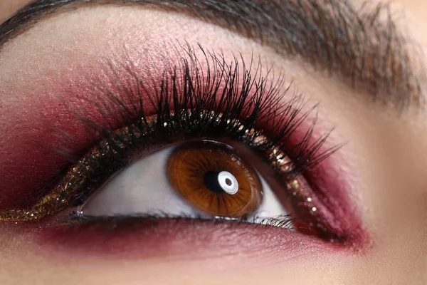 Closeup of beautiful female eye with bright professional makeup — Stock Photo, Image
