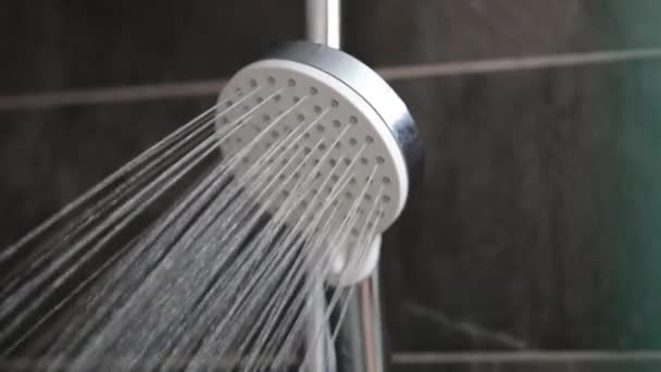 Řetězce vody tekoucí z hlavy sprchového kohoutku v koupelně detailní up 4k film — Stock video