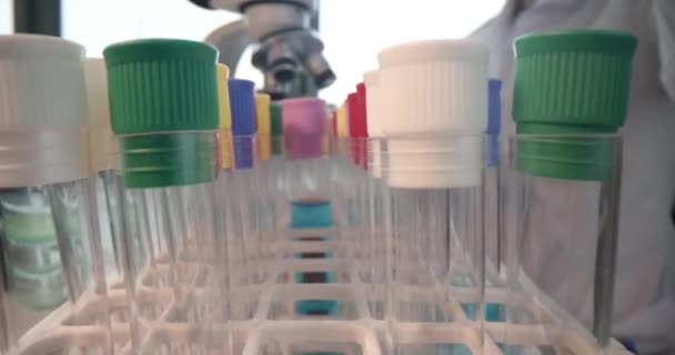 Scienziato in laboratorio tira fuori le provette con i liquidi primo piano — Video Stock