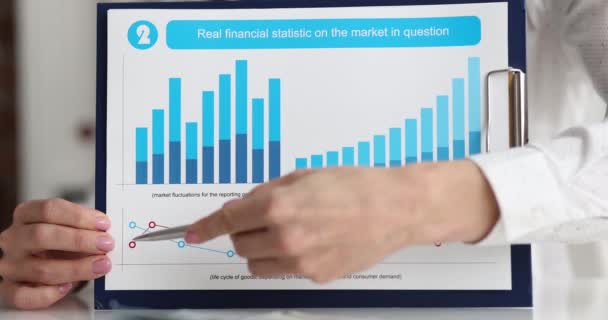 Бизнесвумен показывает реальную финансовую статистику по картам рыночных вопросов крупным планом — стоковое видео