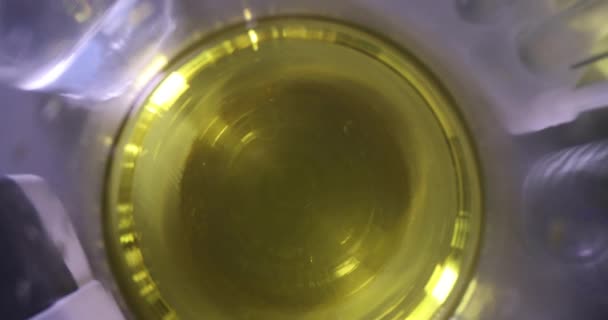 Transparante gele vloeistof in glazen kolf in laboratoriumclose-up — Stockvideo