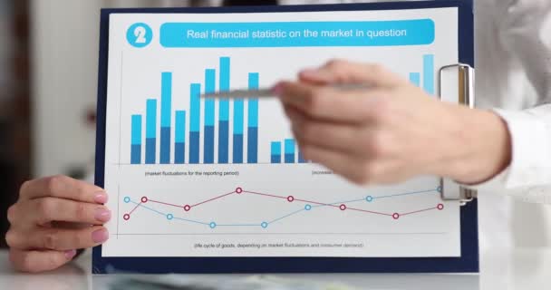 Consultor de negocios muestra informe de estadísticas financieras de primer plano del mercado — Vídeos de Stock