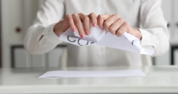 Woman tearing paper contract in office closeup 4k movie — Stock Video
