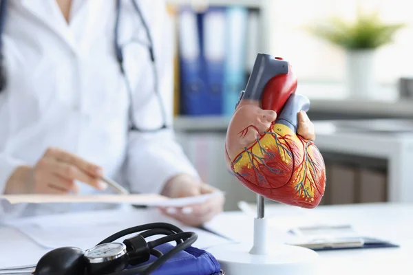 医師の表に心臓の解剖学的モデル,ぼやけた — ストック写真
