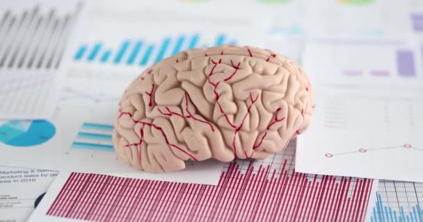Макет людського мозку на фінансових бізнес-картах крупним планом — стокове відео