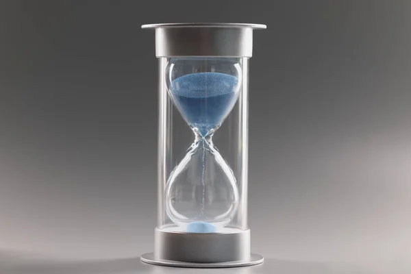 Measure passing time, countdown, blue sand running through bulbs of hourglass — Stock Photo, Image