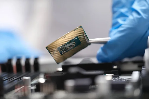 Ingénieur tient des pinces à microprocesseur de la carte mère — Photo
