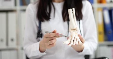 Ortopedi kliniğindeki doktorun elindeki ayak kemiği modeli.