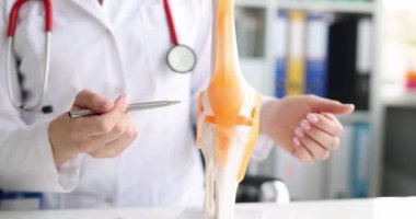 Travmatolog, diz ekleminin kemiklerini suni yakın plan üzerinde gösterdi.