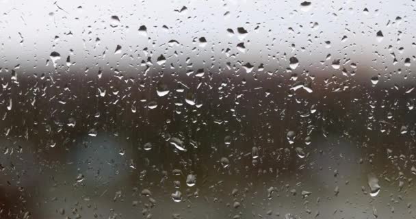 Gotas de lluvia sobre vidrio sobre fondo gris. Temporada lluviosa otoño soledad y depresión — Vídeos de Stock