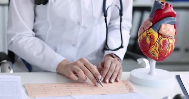 Doctor cardiologist examining electrocardiogram on background of artificial model of heart 4k movie slow motion — 비디오