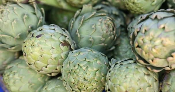 Artichoke asparagus closeup. Fresh agricultural products for health and food on market — Vídeo de Stock