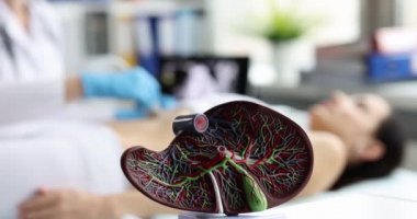 Klinikteki kadının karın boşluğunda mide ve karaciğer ultrasonu teşhisi.