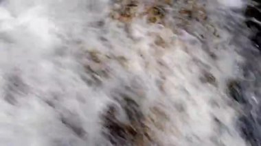 Dağ nehrindeki su kayaların üzerinden akar ve güçlü bir akıntı oluşturur.