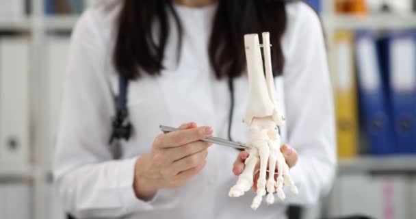 Doctor shows anatomy of skeleton of leg and fingers — Stock Video