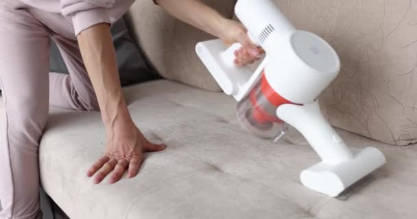 여자들은 노즐이 현대식 코드없는 진공청소기로 소파를 진공소제기를 사용하여 세탁하는 — 비디오