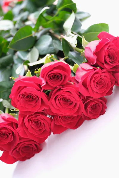 Piękny Bukiet Czerwonych Róż Leży Białym Tle Holenderski Pachnące Kwiaty — Zdjęcie stockowe