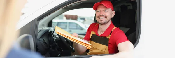 Portrait Joyful Worker Uniform Give Important Parcel Owner Address Courier — Stock Photo, Image