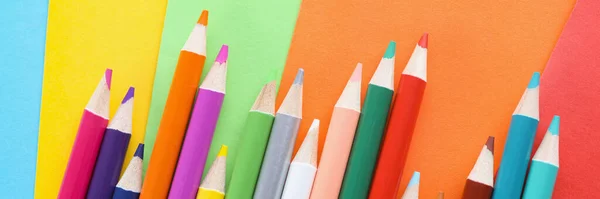 Top View Pencils Collection Chaotically Placed Colored Paper Childs Art — Stock Photo, Image