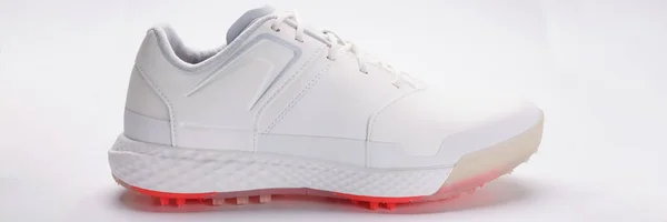 Zbliżenie Stylowe Białe Buty Sportowe Jasnym Neonowym Modelu Podeszwy Biegania — Zdjęcie stockowe