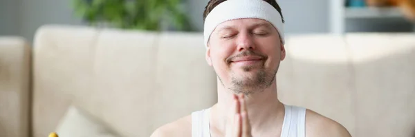 Portrait Middle Aged Man Meditating Home Put Hands Namaste Gesture — Stock Photo, Image