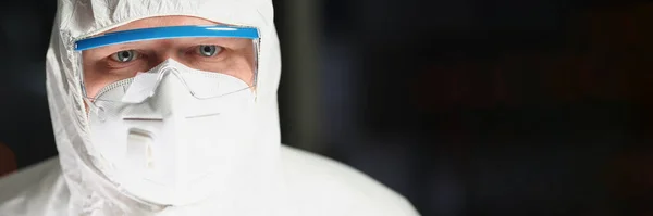 Portrait Worker Protective Respirator White Coverall Analyzing Science Experiment Male — Stock Photo, Image